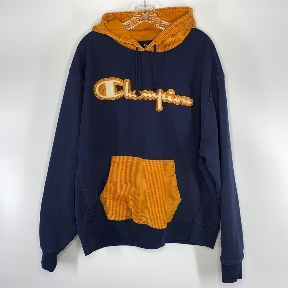 Vintage Champion Navy & Orange Corduroy Hooded Sweatshirt Size XL